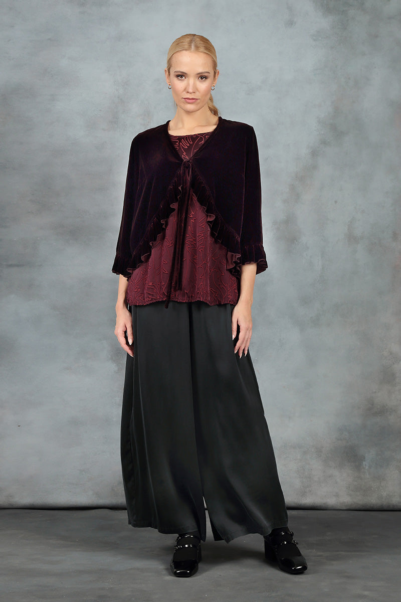 Ruffled Tie-Up Merlot Silk Velvet Jacket