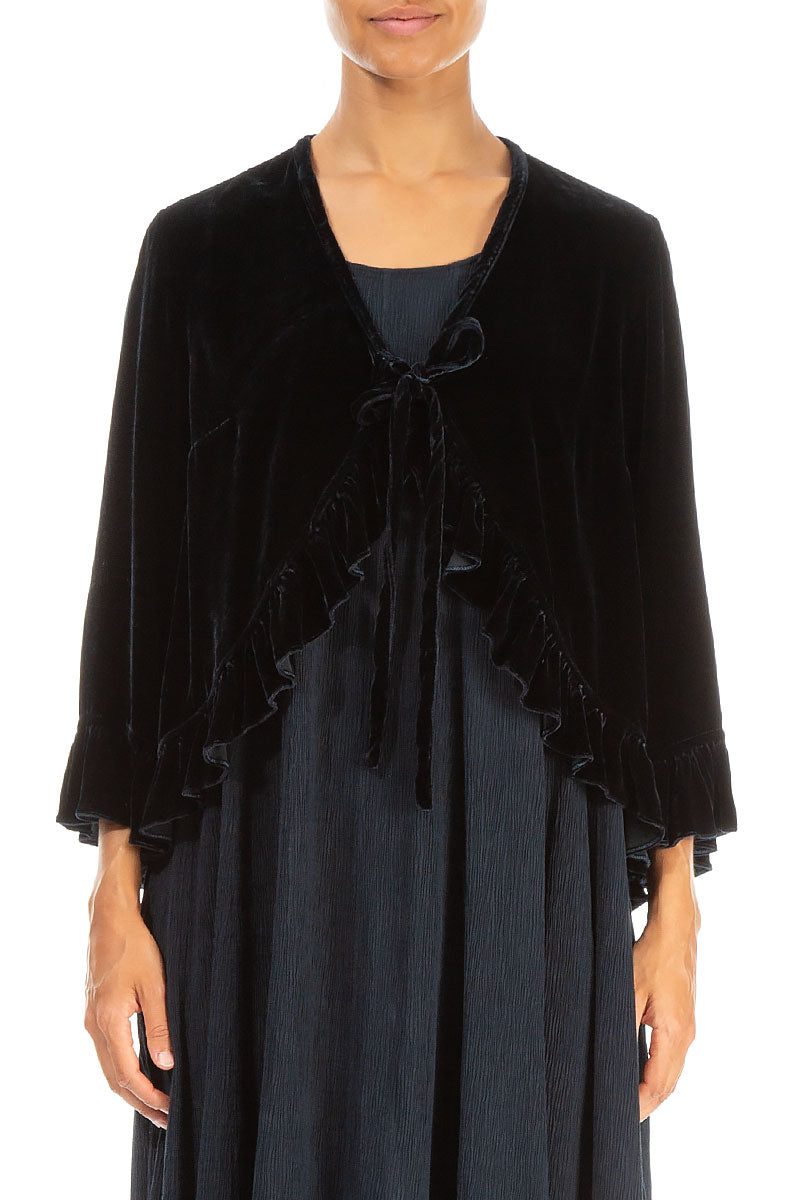 Ruffled Tie-Up Midnight Blue Silk Velvet Jacket