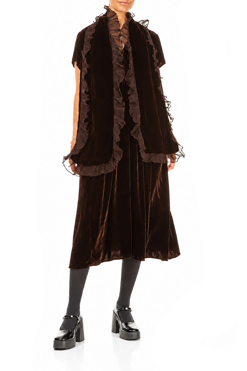 Ruffled Truffle Brown Silk Velvet Scarf