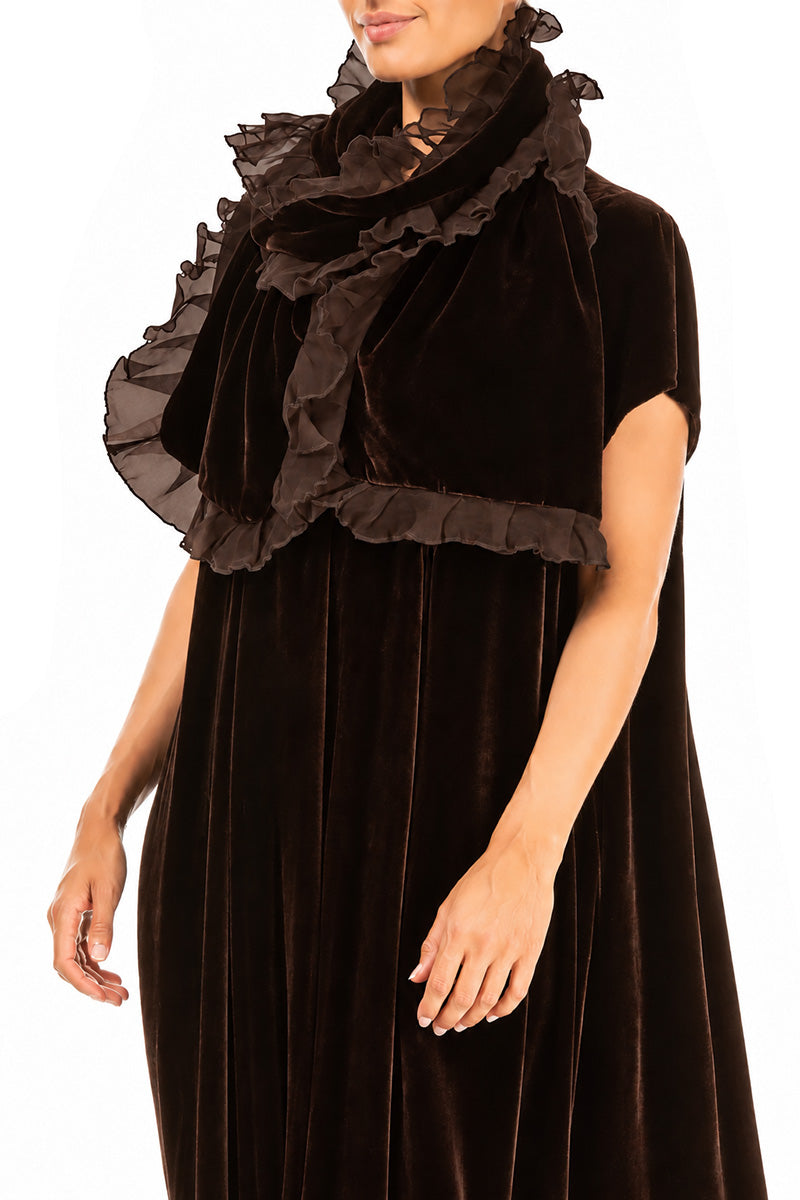 Ruffled Truffle Brown Silk Velvet Scarf