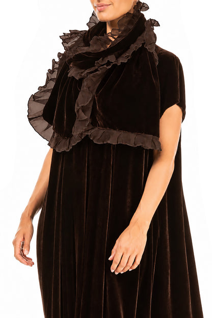 Ruffled Truffle Brown Silk Velvet Scarf