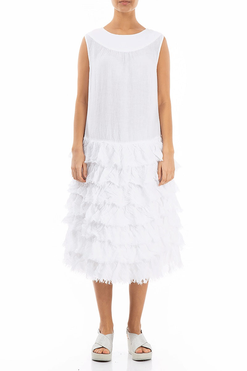 Ruffled White Gauze Linen Dress