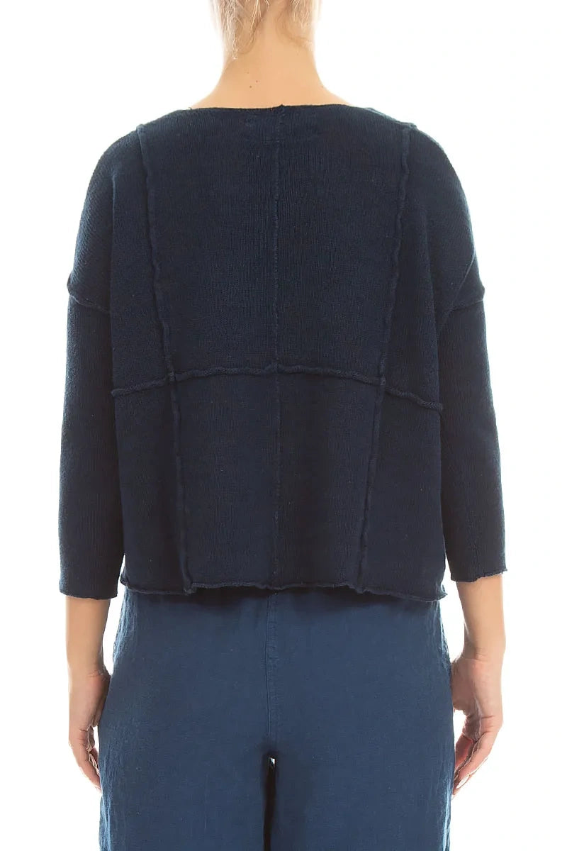 Marineblauer Leinen-Cardigan mit Nahtdetails