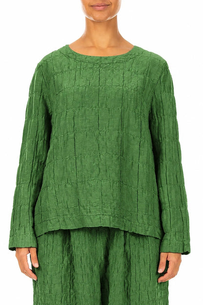 Shamrock Green Pleated Silk Linen Blouse