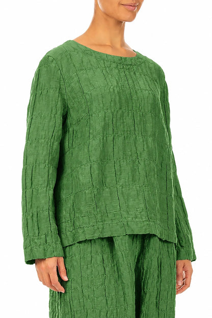 Shamrock Green Pleated Silk Linen Blouse