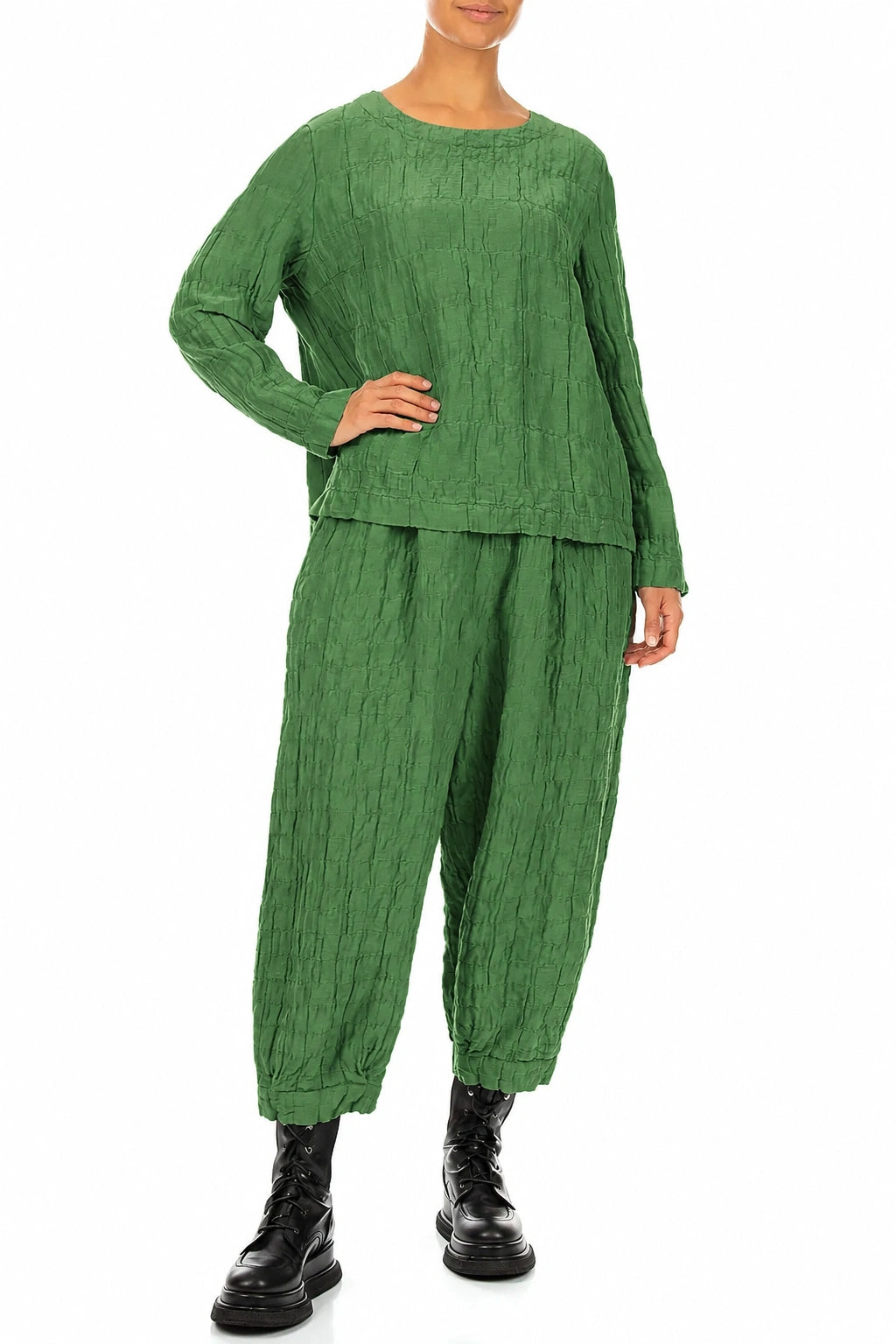 Shamrock Green Pleated Silk Linen Blouse