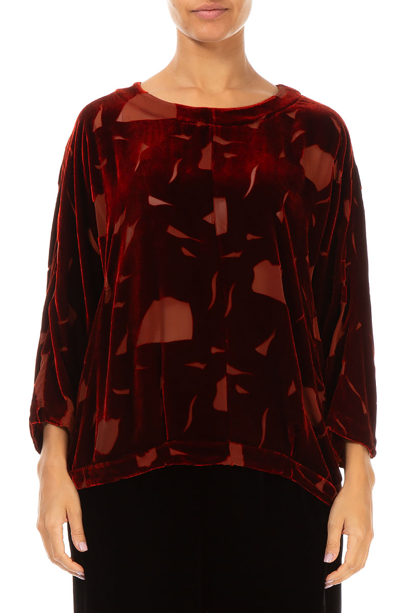 Short Abstract Devoré Brick Silk Velvet Blouse