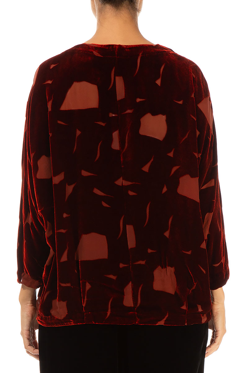 Short Abstract Devoré Brick Silk Velvet Blouse