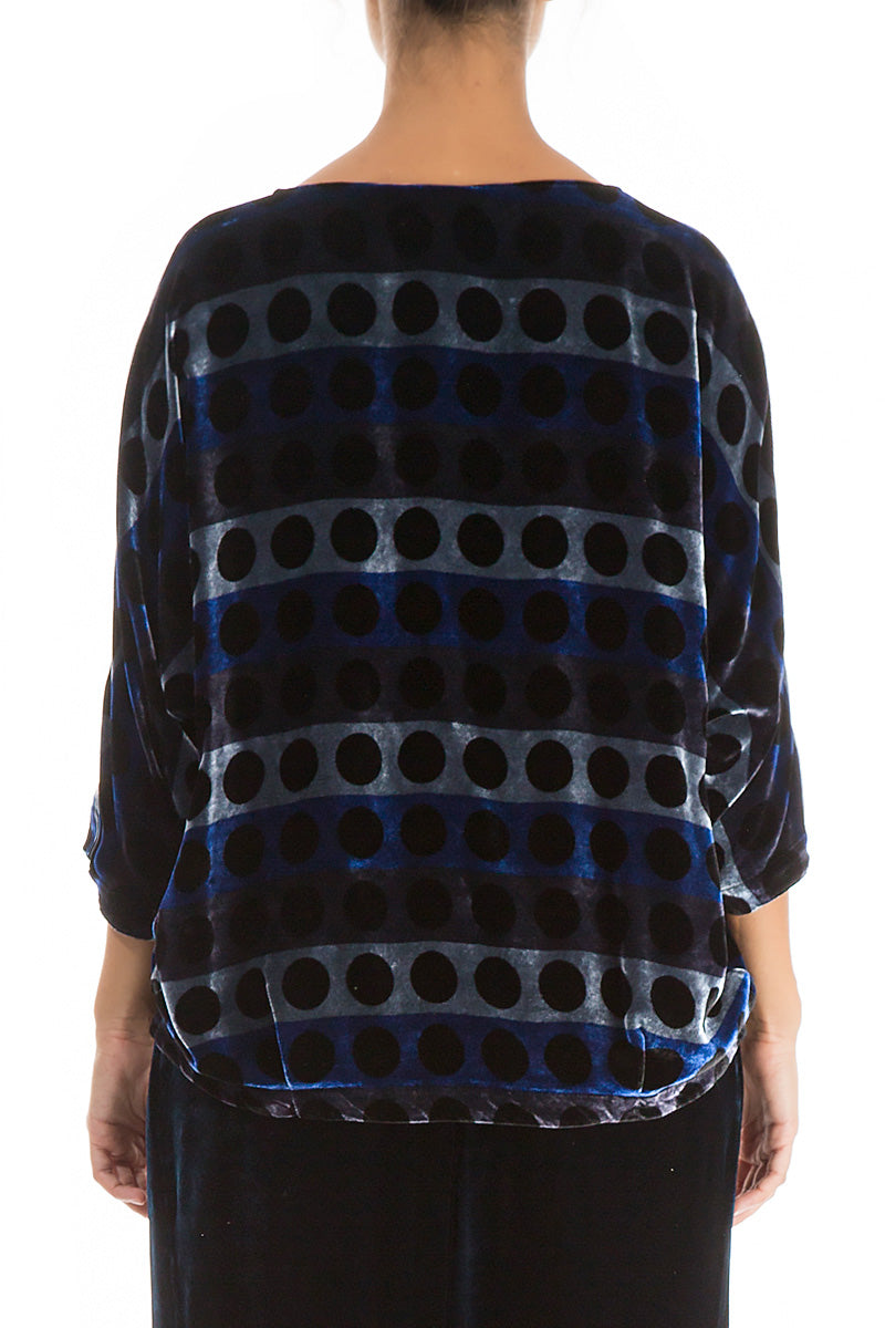 Short Blue Circles Silk Velvet Blouse