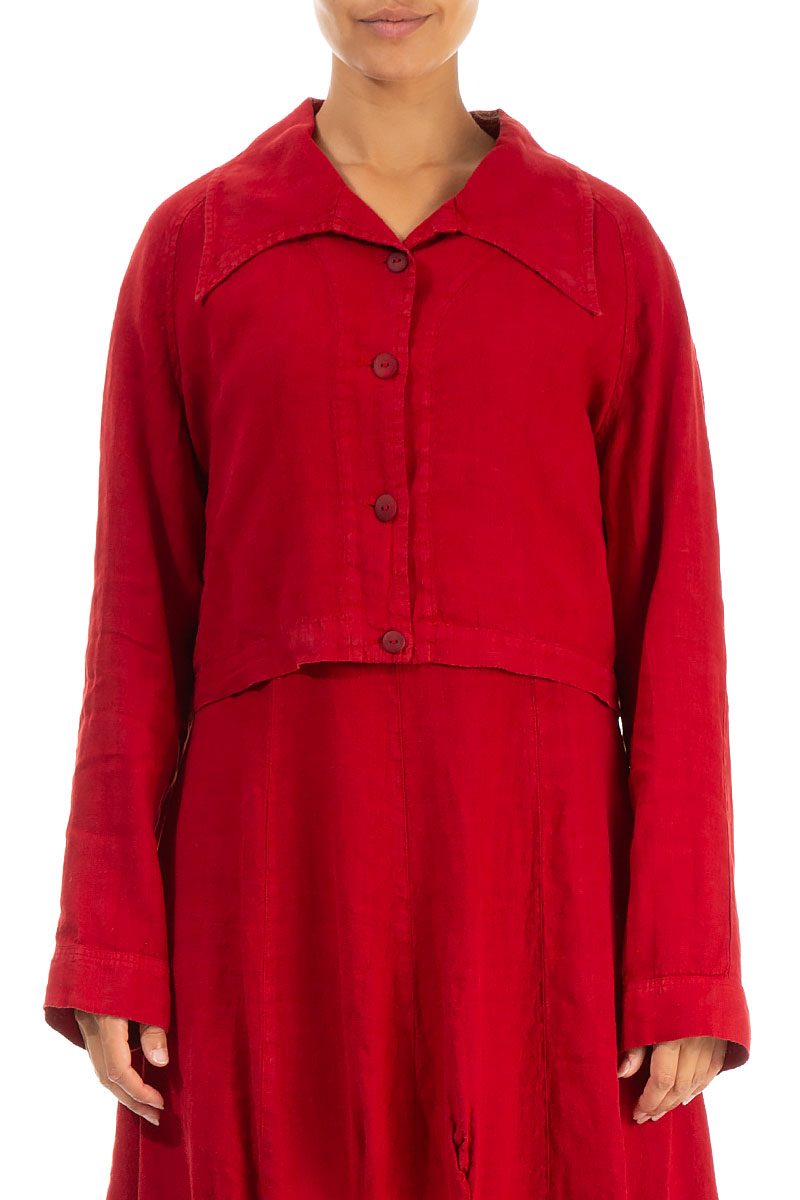 Short Collar Red Linen Jacket