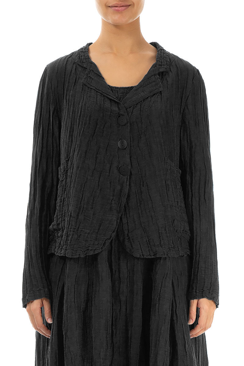 Short Crinkled Black Silk Linen Jacket