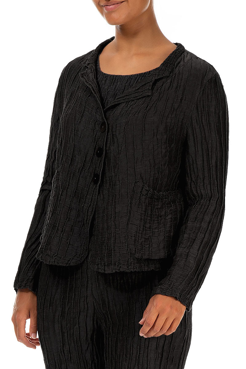 Short Crinkled Black Silk Linen Jacket 3