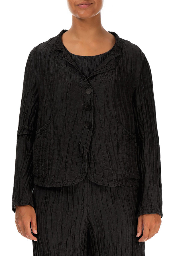 Short Crinkled Black Silk Linen Jacket