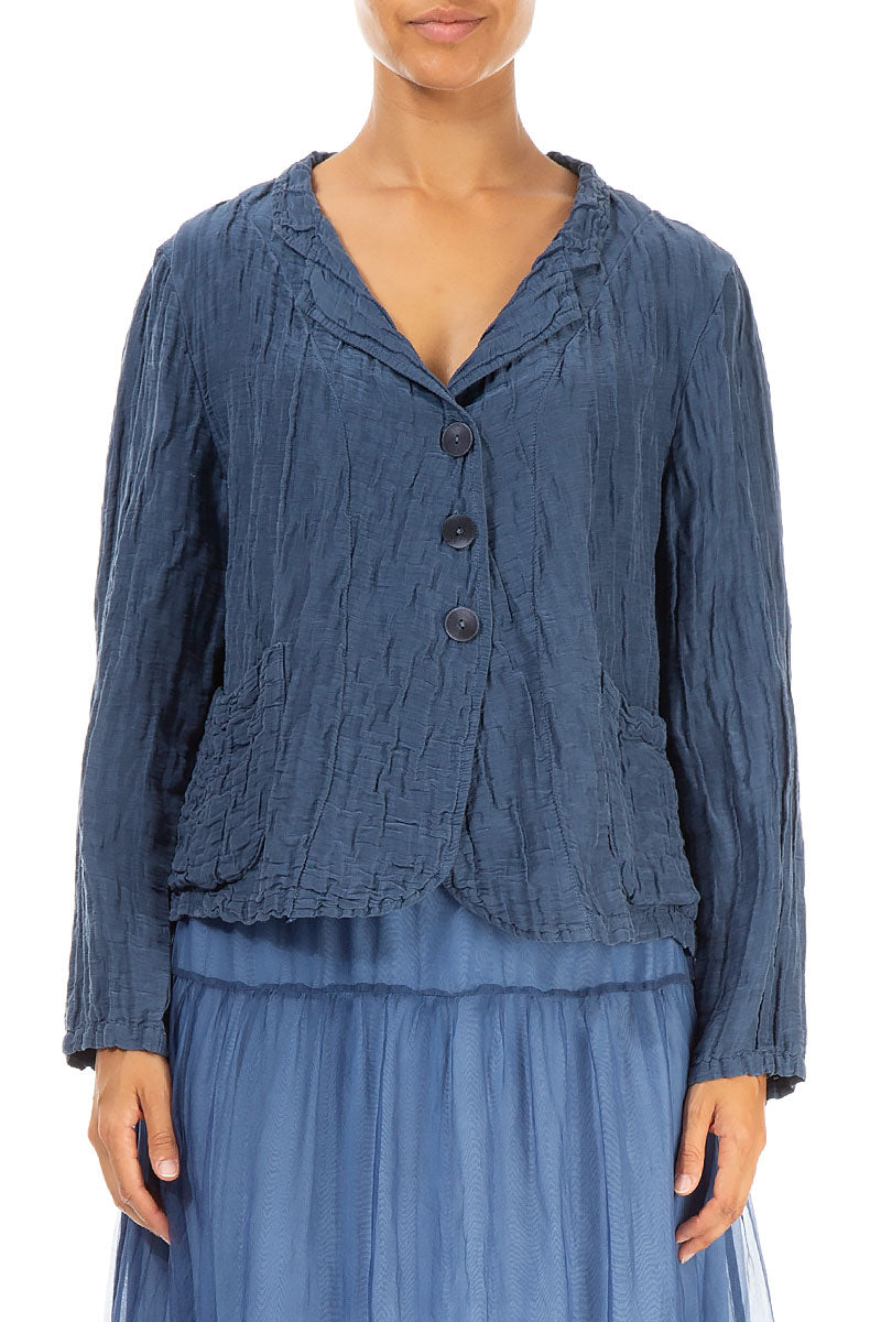 Short Crinkled Denim Silk Linen Jacket