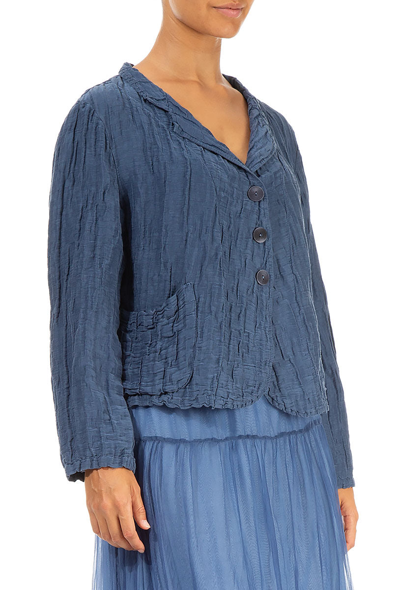 Short Crinkled Denim Silk Linen Jacket