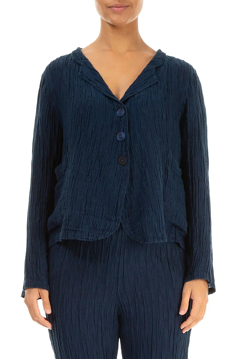 Short Crinkled Navy Silk Jacket