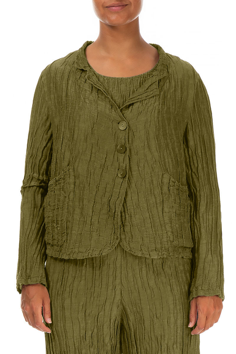 Short Crinkled Olive Silk Jacket