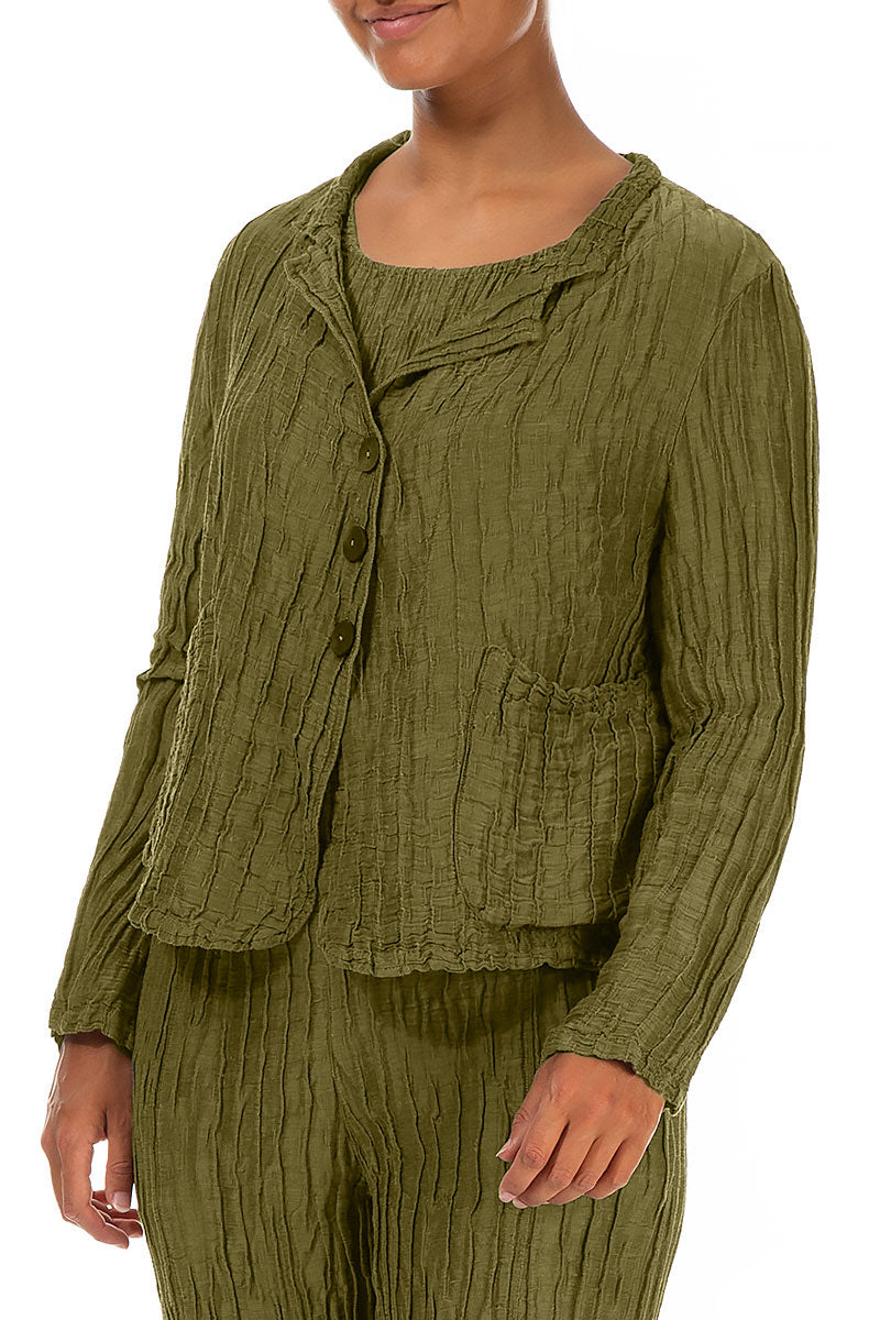 Short Crinkled Olive Silk Jacket