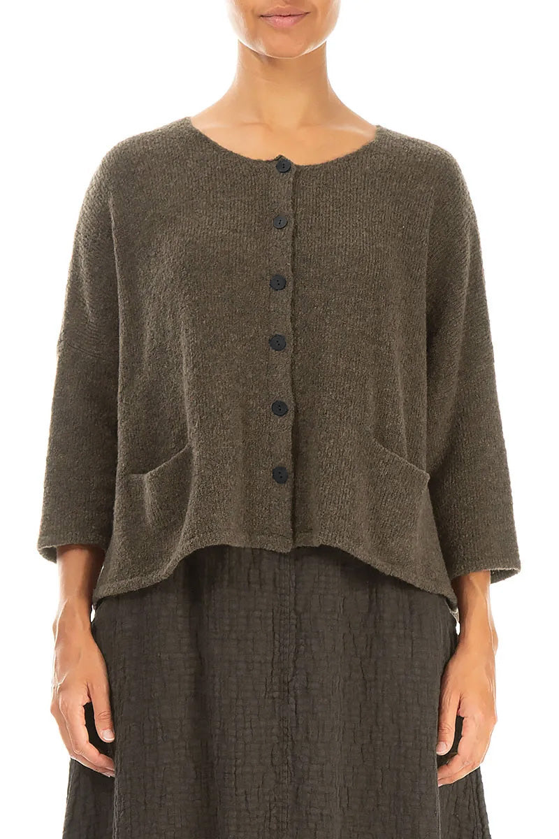 Short Loose Khaki Wool Cardigan