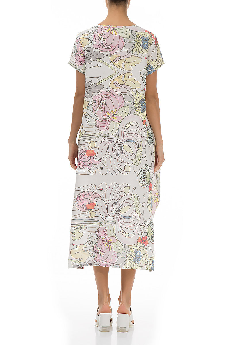 Short Sleeves Asymmetric Floral Linen Dress