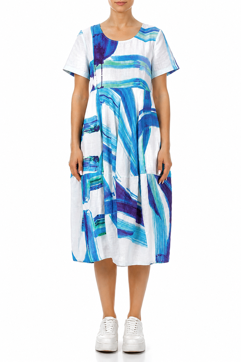 Robe en lin à manches courtes, coupe ballon, motif coups de pinceau bleus