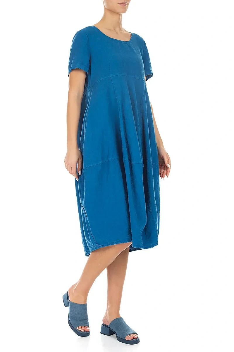 Robe courte bouffante en lin bleu cobalt à manches courtes