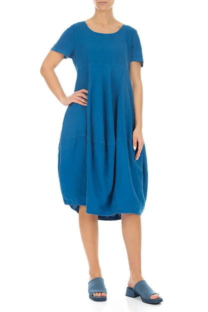 Robe courte bouffante en lin bleu cobalt à manches courtes