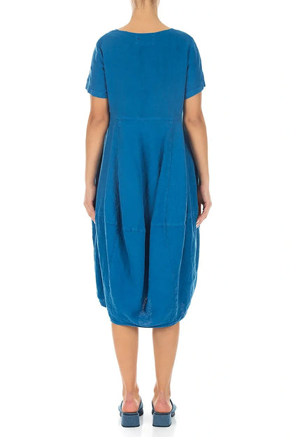 Robe courte bouffante en lin bleu cobalt à manches courtes