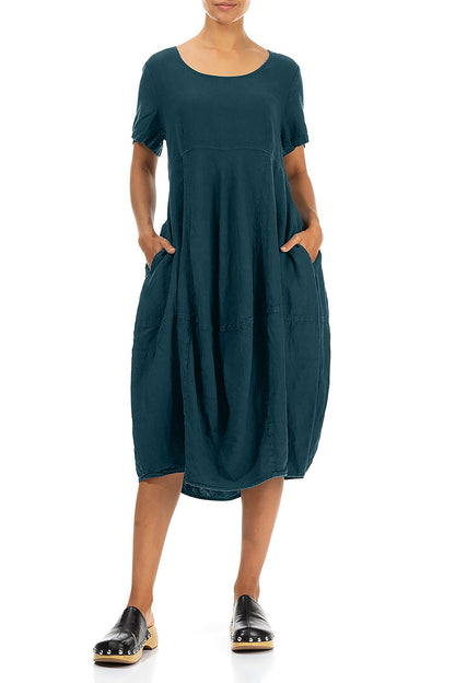 Short Sleeves Balloon Dark Teal Linen Dress