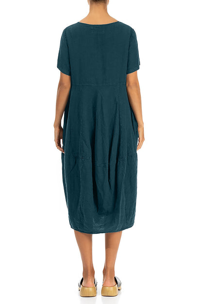 Short Sleeves Balloon Dark Teal Linen Dress