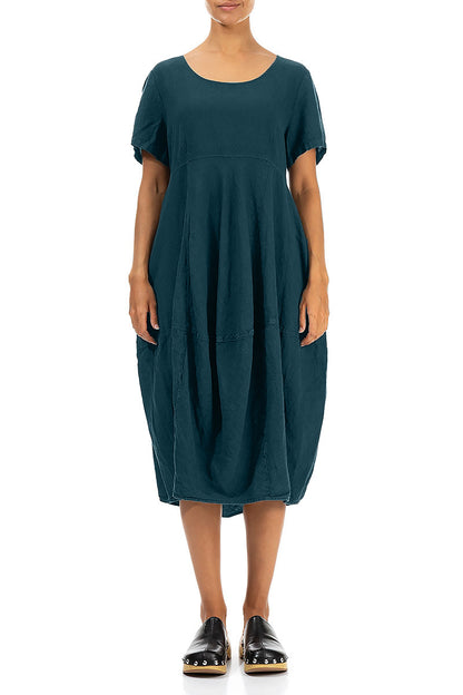 Short Sleeves Balloon Dark Teal Linen Dress