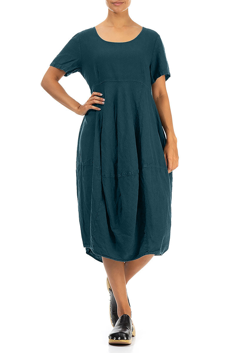 Short Sleeves Balloon Dark Teal Linen Dress