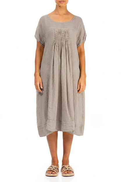 Short Sleeves Beige Gauze Linen Midi Dress 1