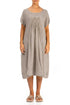 Short Sleeves Beige Gauze Linen Midi Dress 1