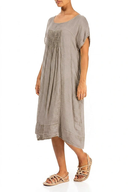 Short Sleeves Beige Gauze Linen Midi Dress 4