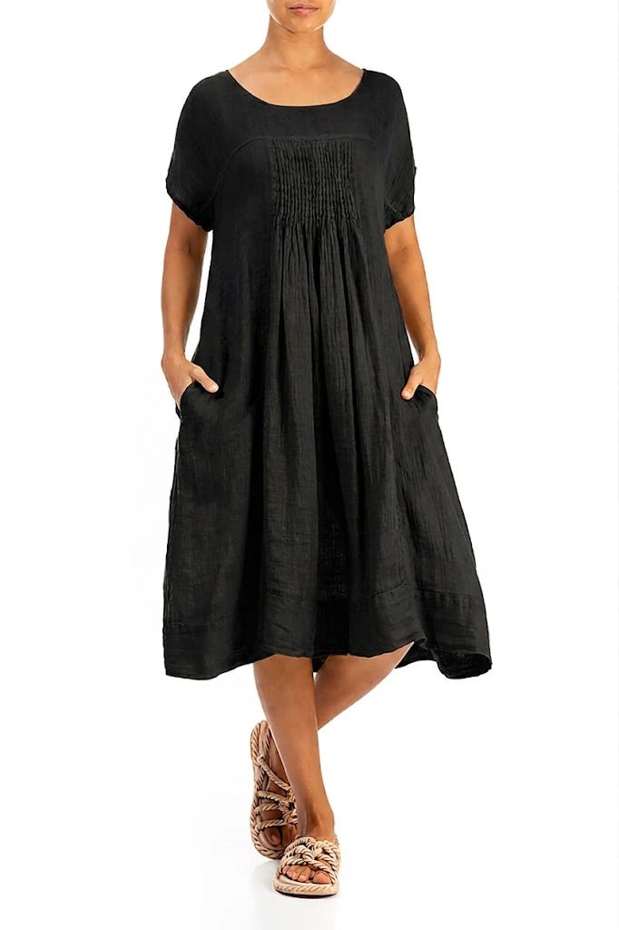 Short Sleeves Black Gauze Linen Midi Dress 3