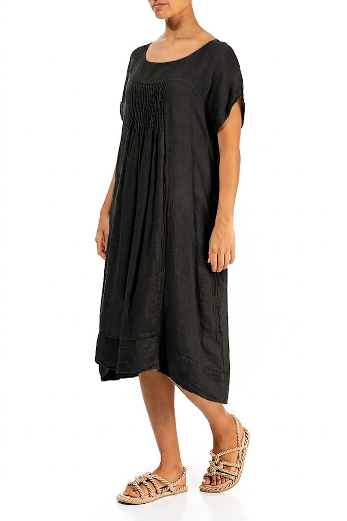 Short Sleeves Black Gauze Linen Midi Dress 4