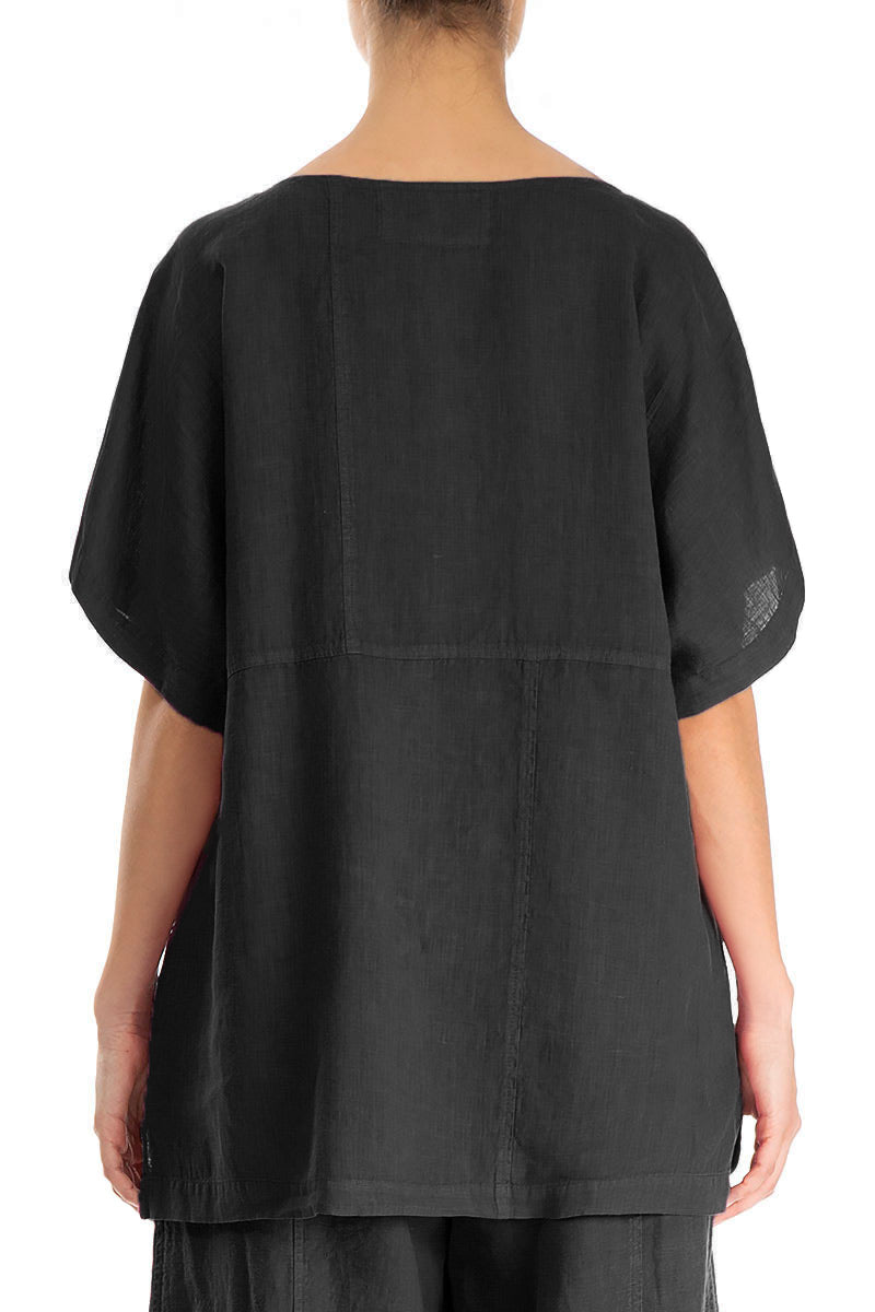 Short Sleeves Black Linen Blouse