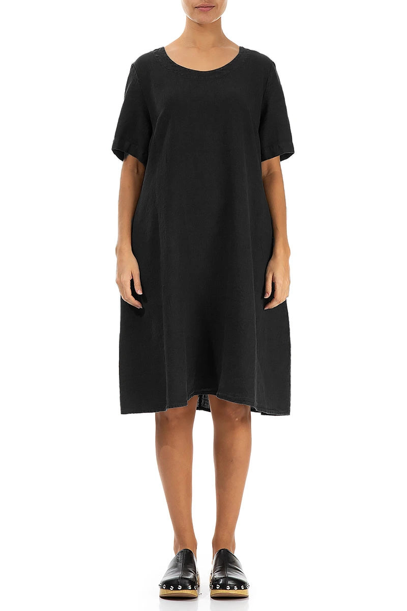 Short Sleeves Black Linen Dress
