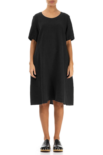 Short Sleeves Black Linen Dress