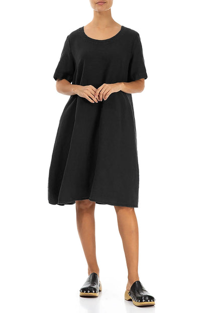 Short Sleeves Black Linen Dress