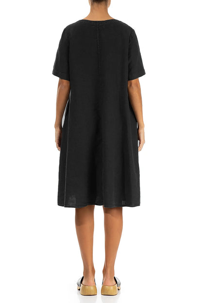 Short Sleeves Black Linen Dress
