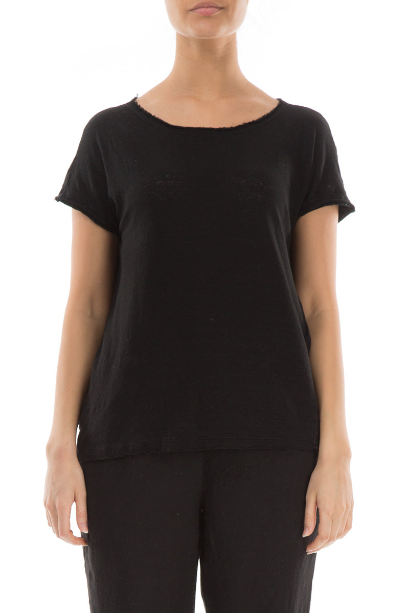 Short Sleeves Black Linen Jersey Top