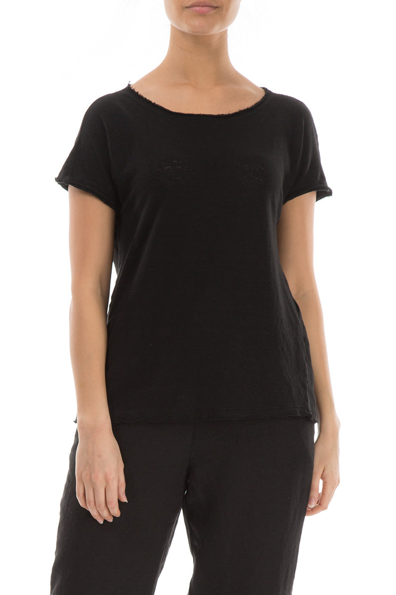 Short Sleeves Black Linen Jersey Top