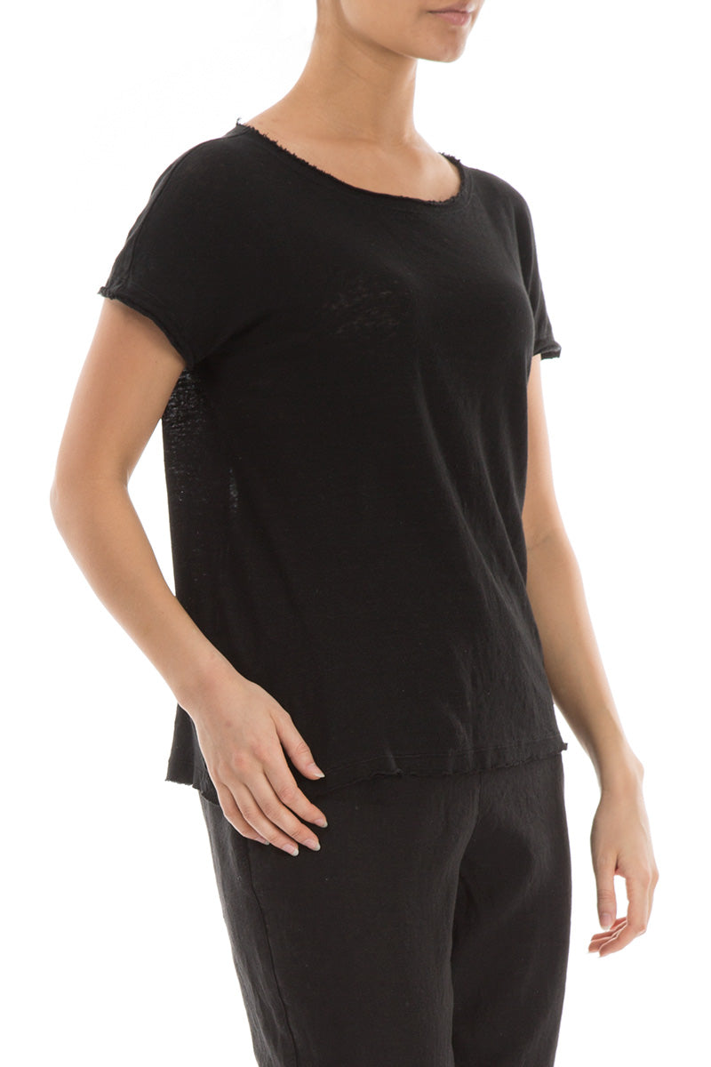 Short Sleeves Black Linen Jersey Top