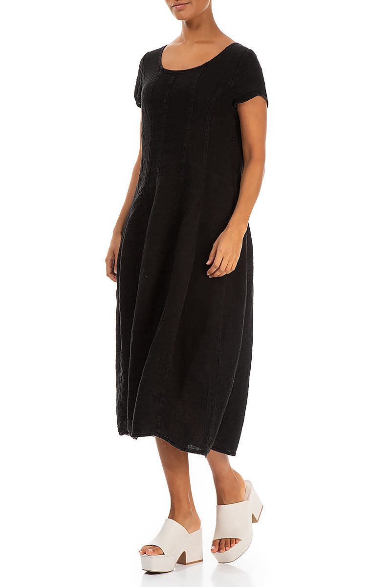 Short Sleeves Black Mélange Linen Dress