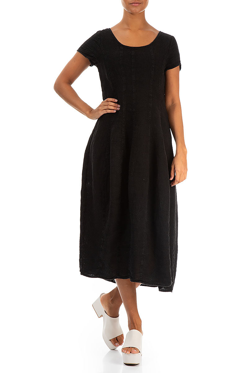 Short Sleeves Black Mélange Linen Dress