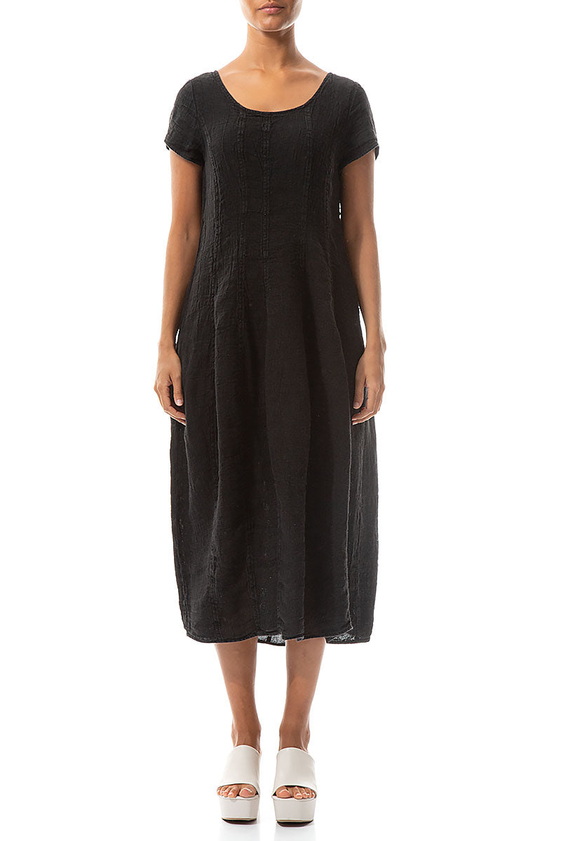 Short Sleeves Black Mélange Linen Dress