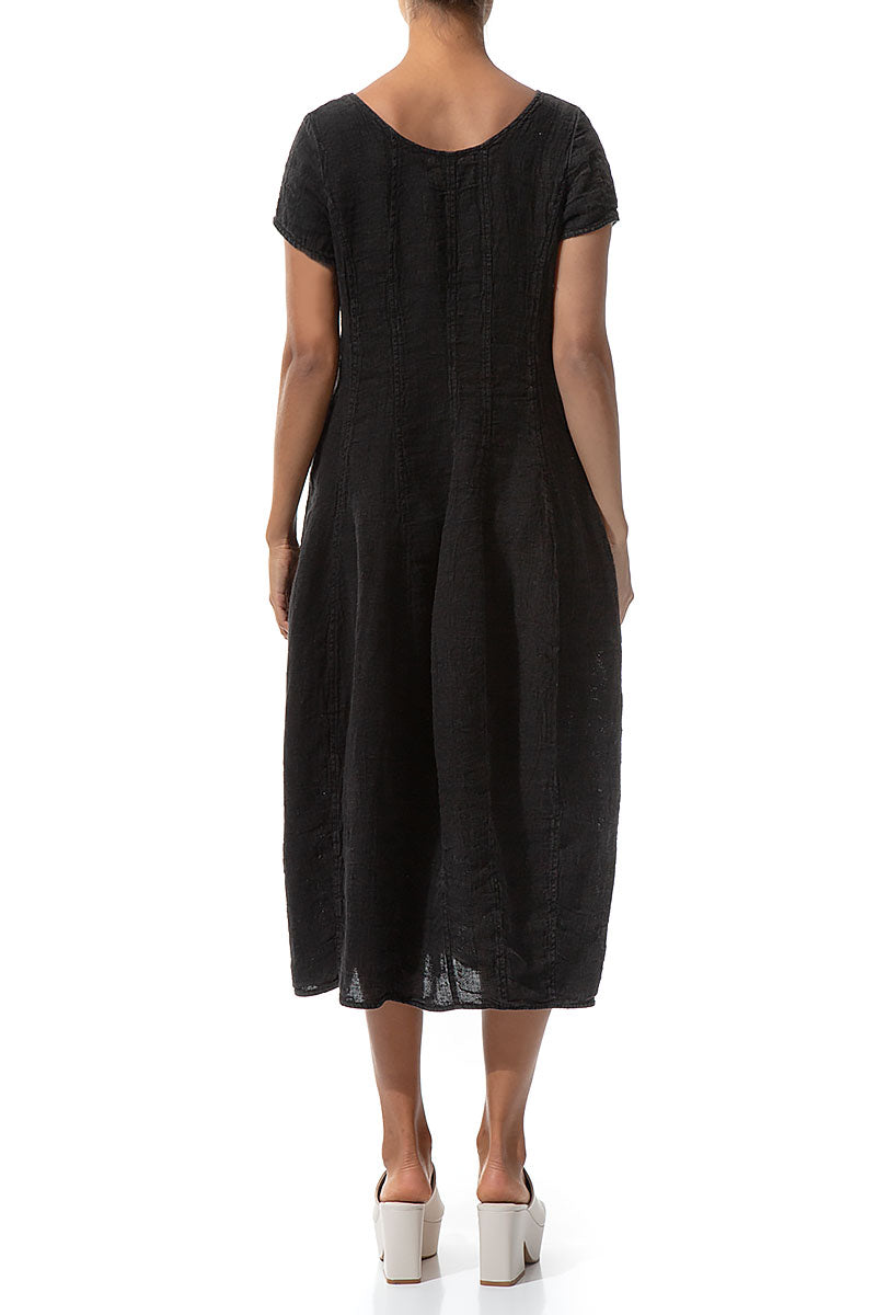 Short Sleeves Black Mélange Linen Dress