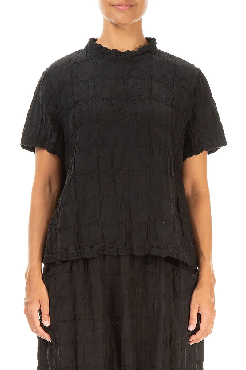 Short Sleeves Black Pleated Silk Linen Blouse 1
